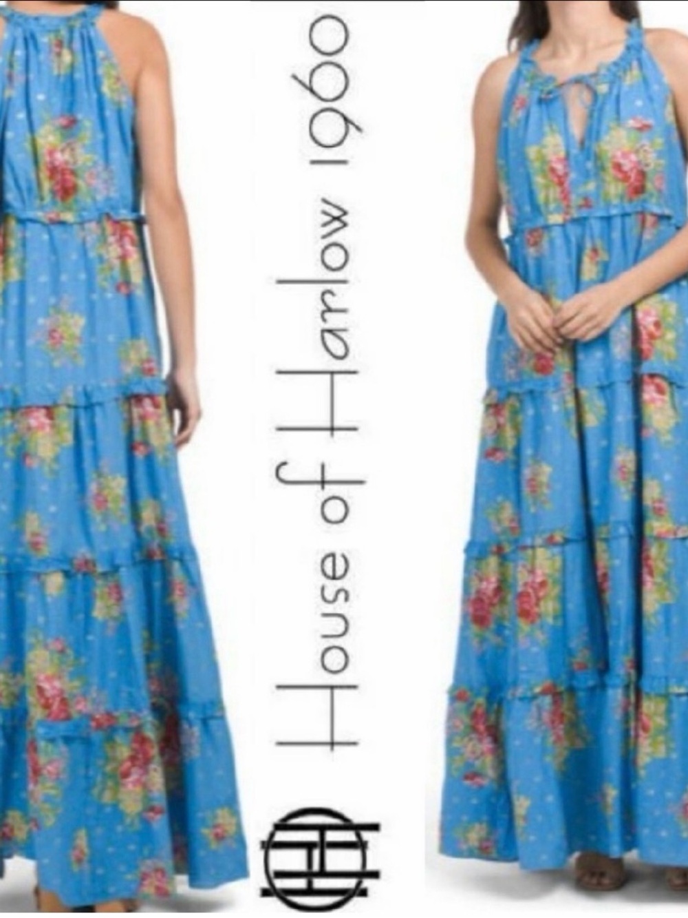 House of Harlow 1960 Sky Blue Floral Tiered Maxi Dress